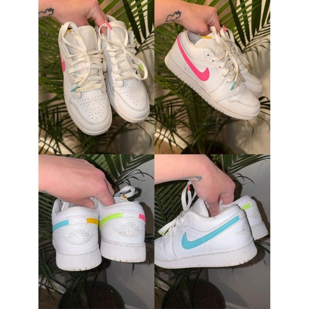 Nike Air Jordan 1 Low White Pink Blue Neon Kids Sneakers CW7035-100 Youth 4Y